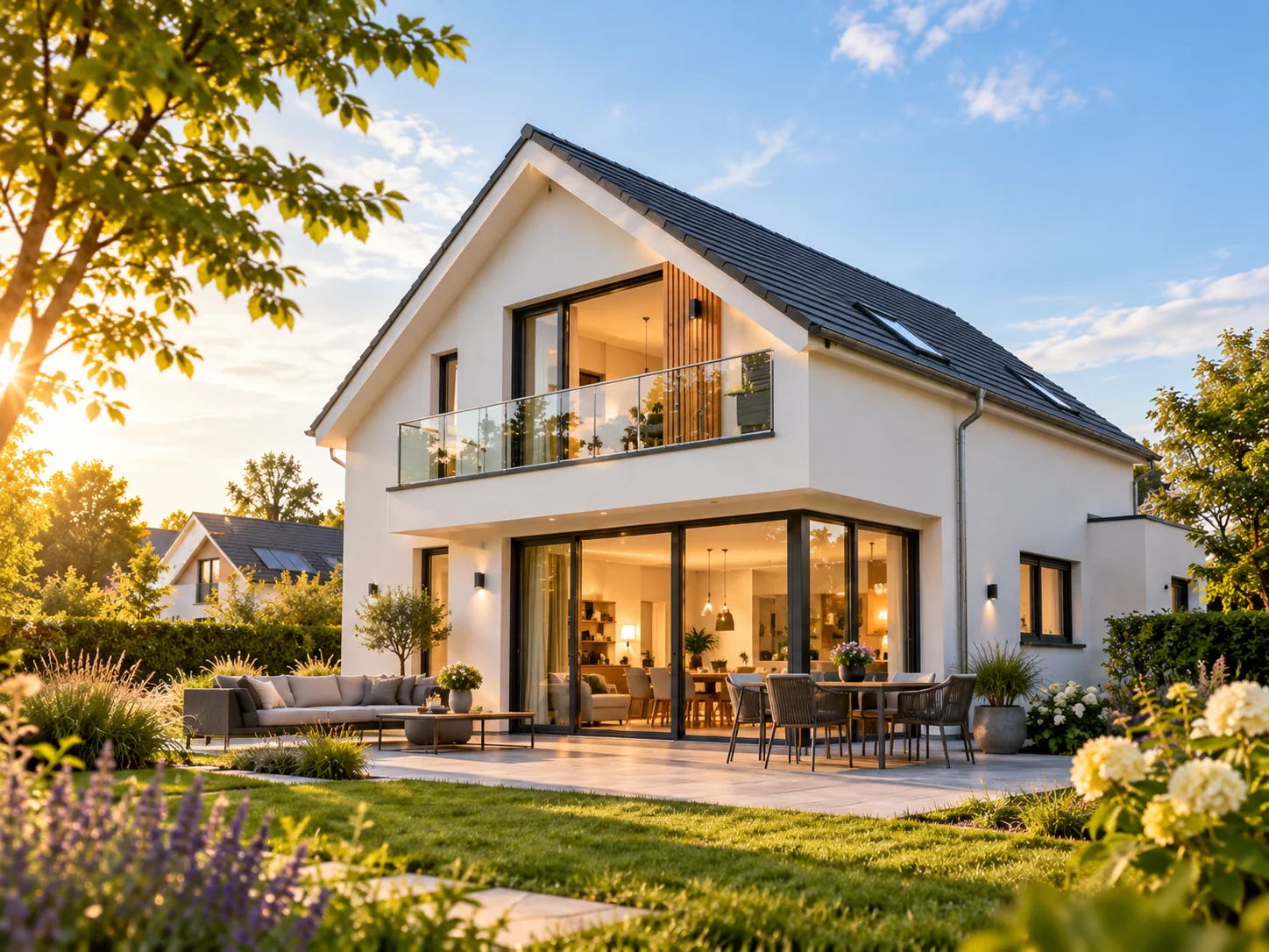 Modernes Einfamilienhaus mit Terrasse und Garten im warmen Abendlicht