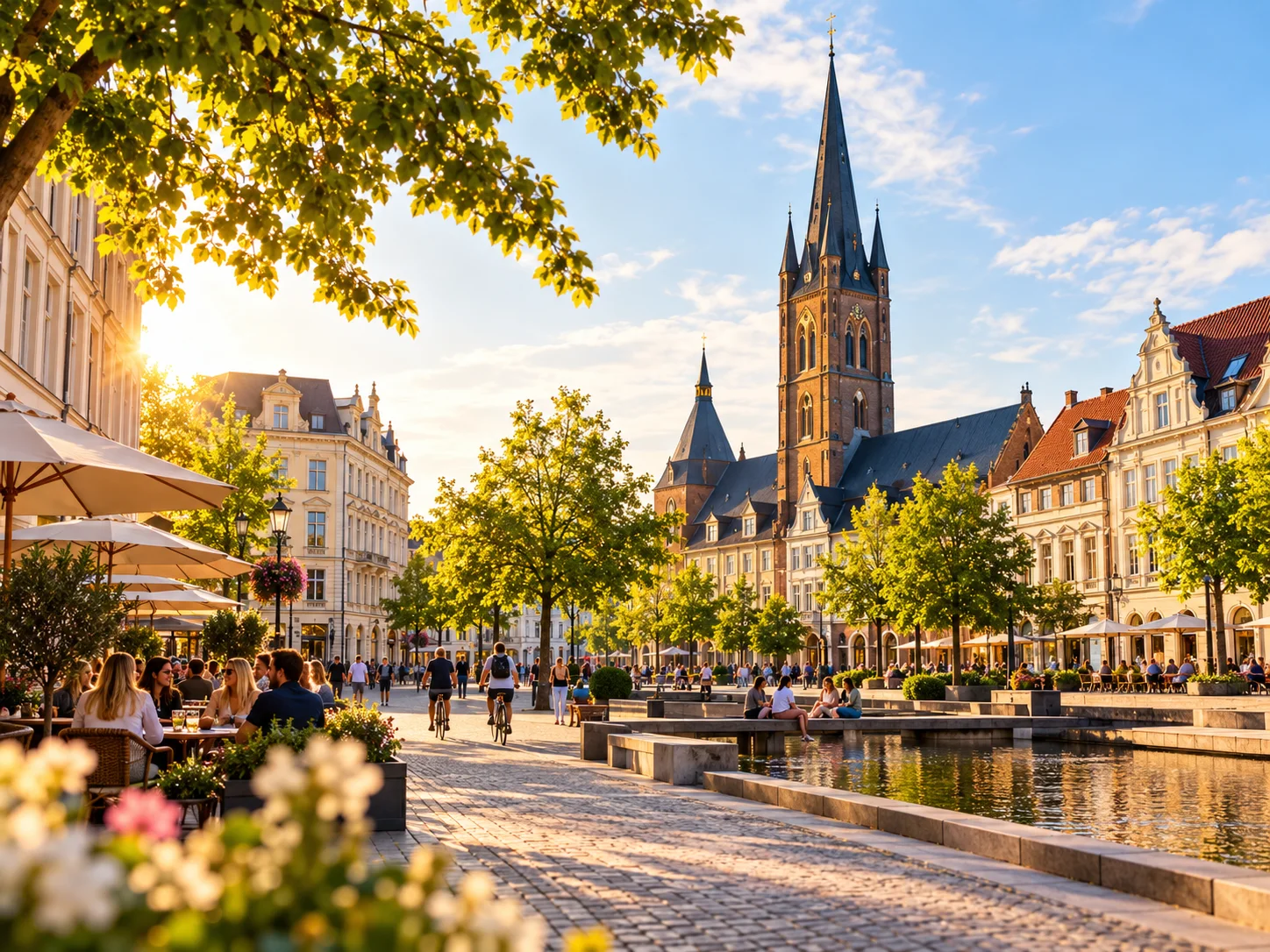 Sonniger Stadtkirchplatz in Oldenburg mit Wasserbecken und lebendiger Innenstadt