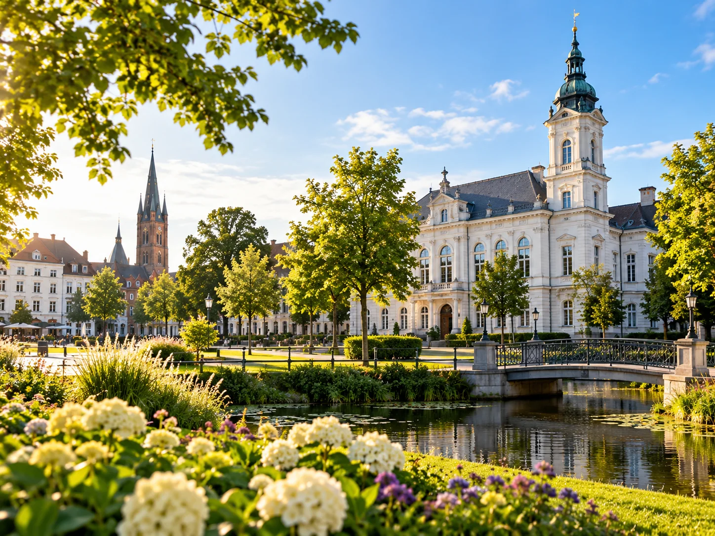 Idyllischer Stadtpark mit Wasser, Brücke und repräsentativer historischer Bebauung